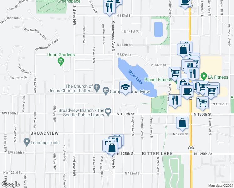 map of restaurants, bars, coffee shops, grocery stores, and more near 301 North 133rd Street in Seattle