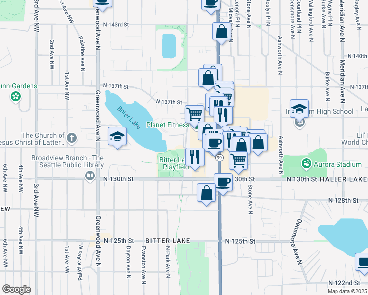 map of restaurants, bars, coffee shops, grocery stores, and more near 13035 Linden Avenue North in Seattle