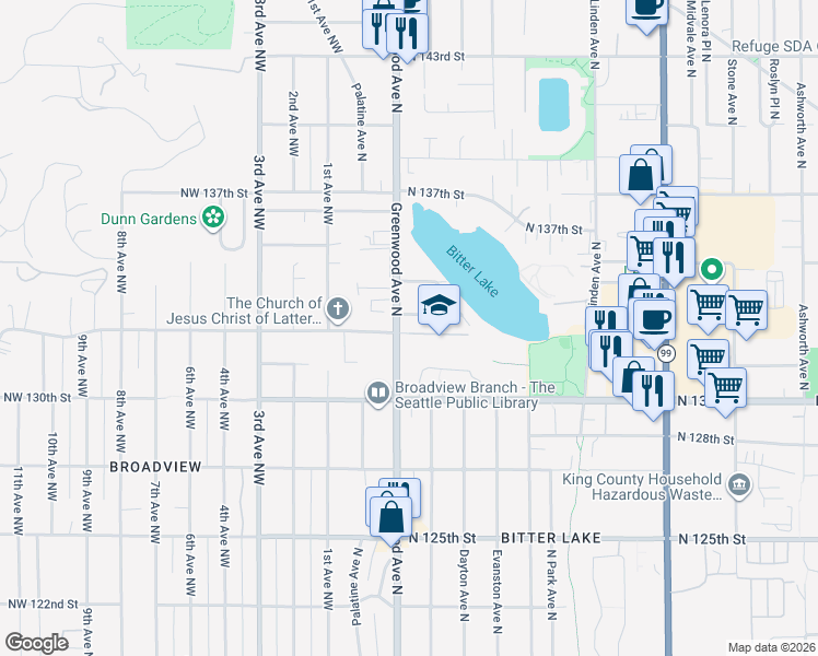 map of restaurants, bars, coffee shops, grocery stores, and more near 301 North 133rd Street in Seattle