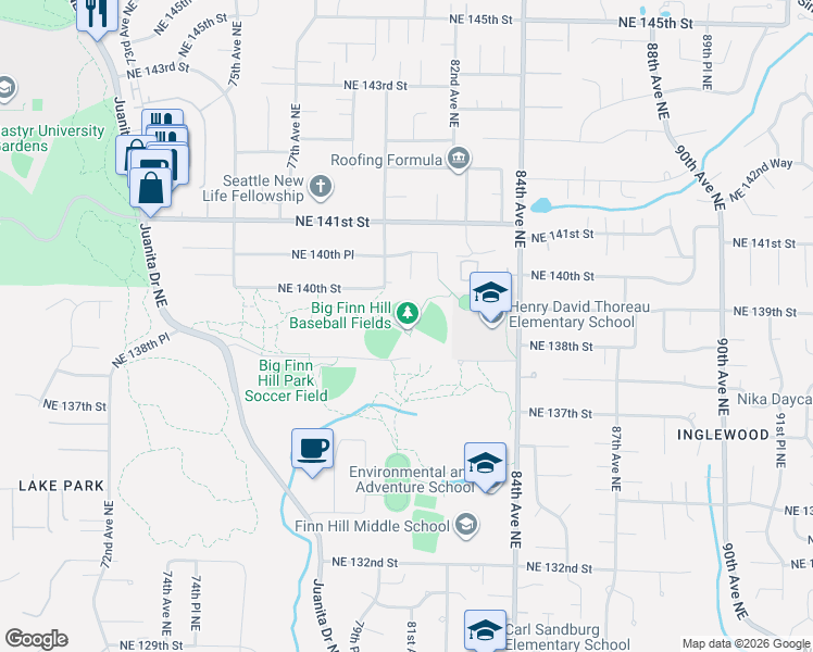 map of restaurants, bars, coffee shops, grocery stores, and more near 8106 Northeast 138th Street in Kirkland