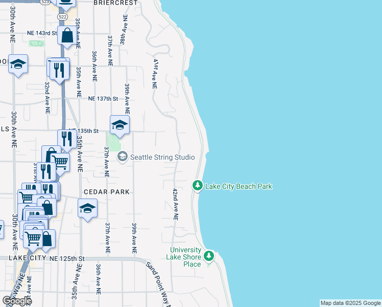map of restaurants, bars, coffee shops, grocery stores, and more near 13224 42nd Avenue Northeast in Seattle