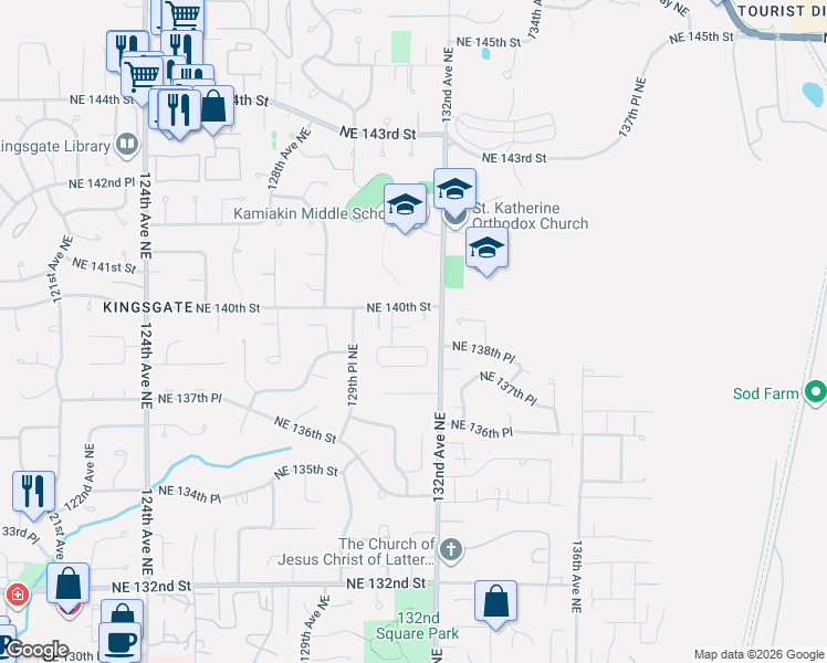 map of restaurants, bars, coffee shops, grocery stores, and more near 13928 131st Lane Northeast in Kirkland