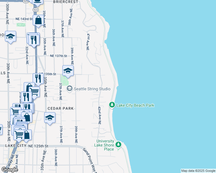 map of restaurants, bars, coffee shops, grocery stores, and more near 13224 42nd Avenue Northeast in Seattle