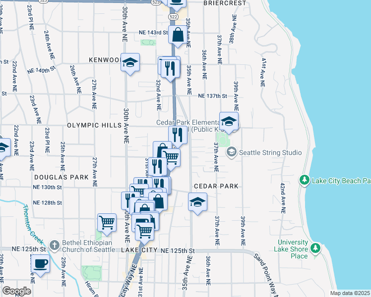 map of restaurants, bars, coffee shops, grocery stores, and more near 13332 Lake City Way Northeast in Seattle
