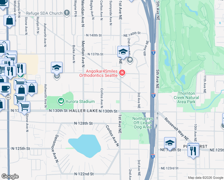 map of restaurants, bars, coffee shops, grocery stores, and more near 13319 1st Avenue Northeast in Seattle