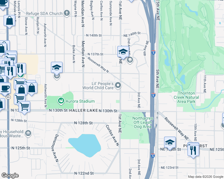 map of restaurants, bars, coffee shops, grocery stores, and more near 13319 1st Avenue Northeast in Seattle