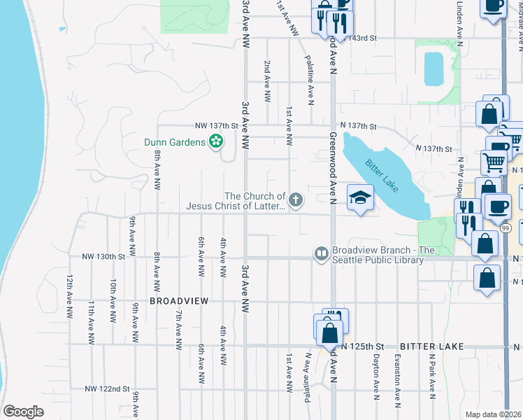 map of restaurants, bars, coffee shops, grocery stores, and more near 13204 2nd Avenue Northwest in Seattle