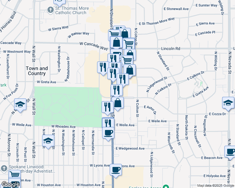 map of restaurants, bars, coffee shops, grocery stores, and more near 7404 North Division Street in Spokane