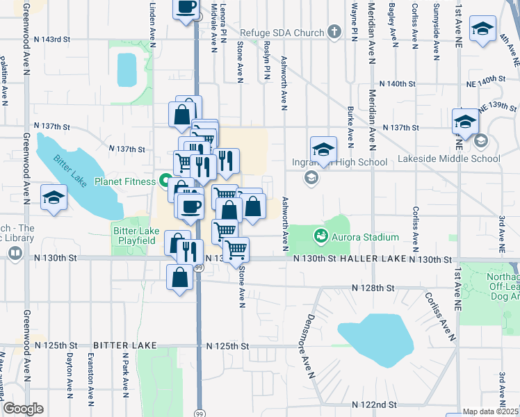 map of restaurants, bars, coffee shops, grocery stores, and more near 13140 Stone Avenue North in Seattle