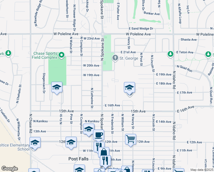 map of restaurants, bars, coffee shops, grocery stores, and more near 1804 North Spokane Street in Post Falls