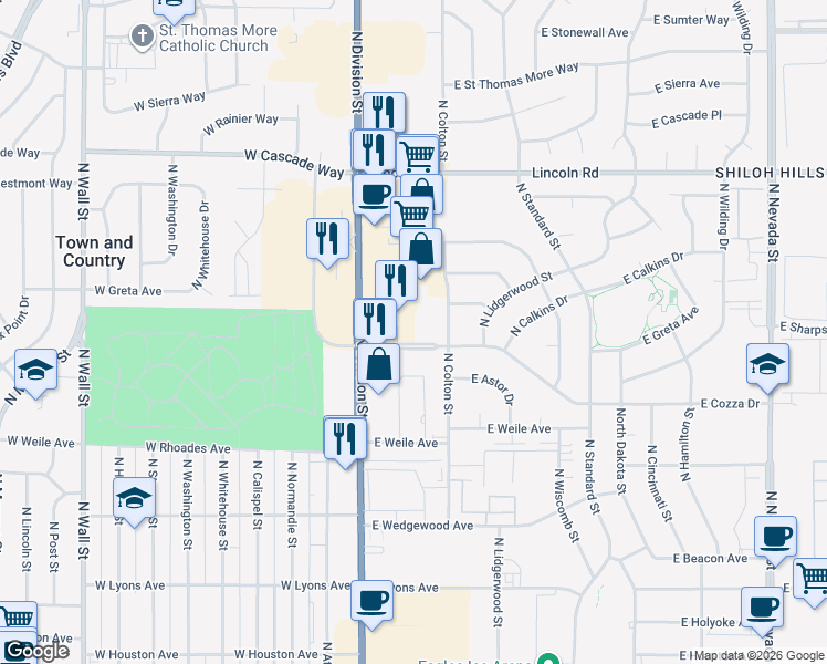 map of restaurants, bars, coffee shops, grocery stores, and more near 7410 North Division Street in Spokane