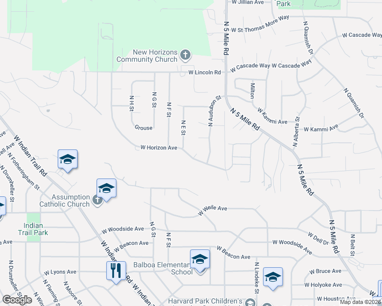 map of restaurants, bars, coffee shops, grocery stores, and more near 3106 West Horizon Avenue in Spokane