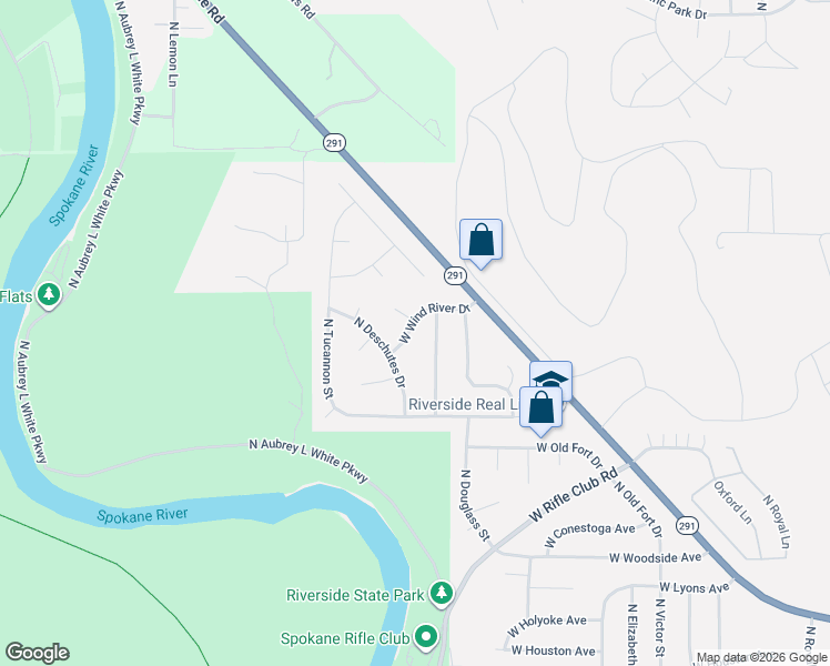 map of restaurants, bars, coffee shops, grocery stores, and more near 6015 West Wind River Drive in Spokane