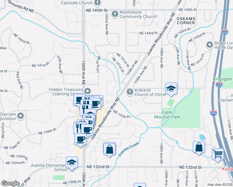 map of restaurants, bars, coffee shops, grocery stores, and more near 13912 103rd Avenue Northeast in Kirkland