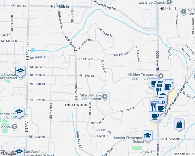 map of restaurants, bars, coffee shops, grocery stores, and more near 9212 Northeast 139th Street in Kirkland