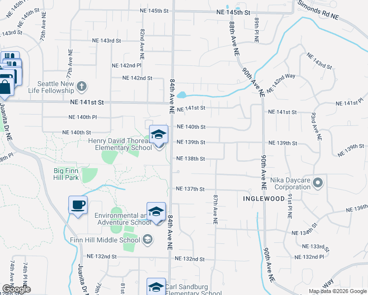 map of restaurants, bars, coffee shops, grocery stores, and more near 8441 Northeast 139th Street in Kirkland