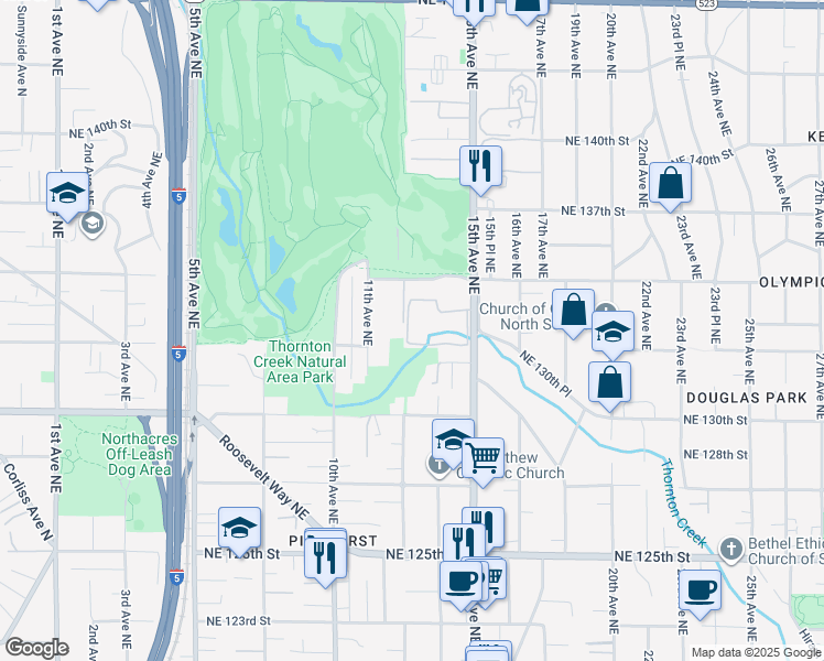 map of restaurants, bars, coffee shops, grocery stores, and more near 13211 15th Avenue Northeast in Seattle