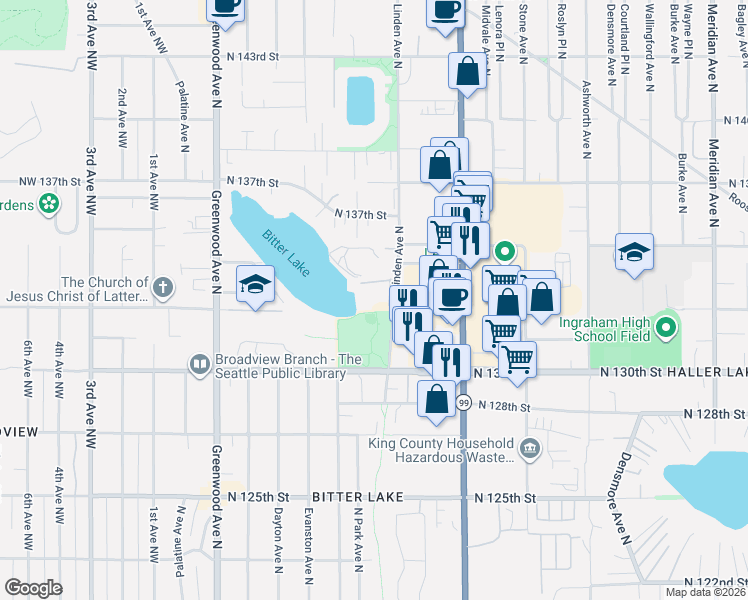 map of restaurants, bars, coffee shops, grocery stores, and more near 13229 Linden Avenue North in Seattle
