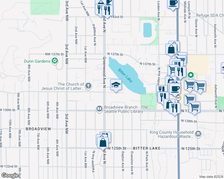 map of restaurants, bars, coffee shops, grocery stores, and more near 301 North 133rd Street in Seattle