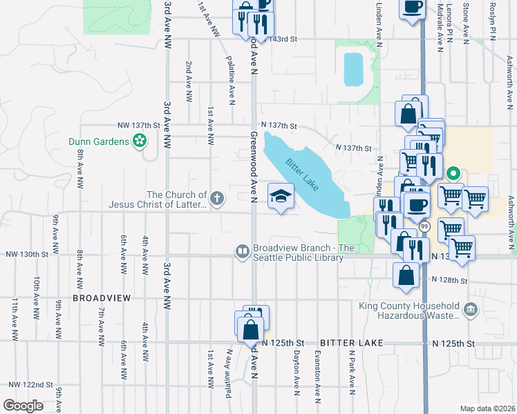 map of restaurants, bars, coffee shops, grocery stores, and more near 301 North 133rd Street in Seattle