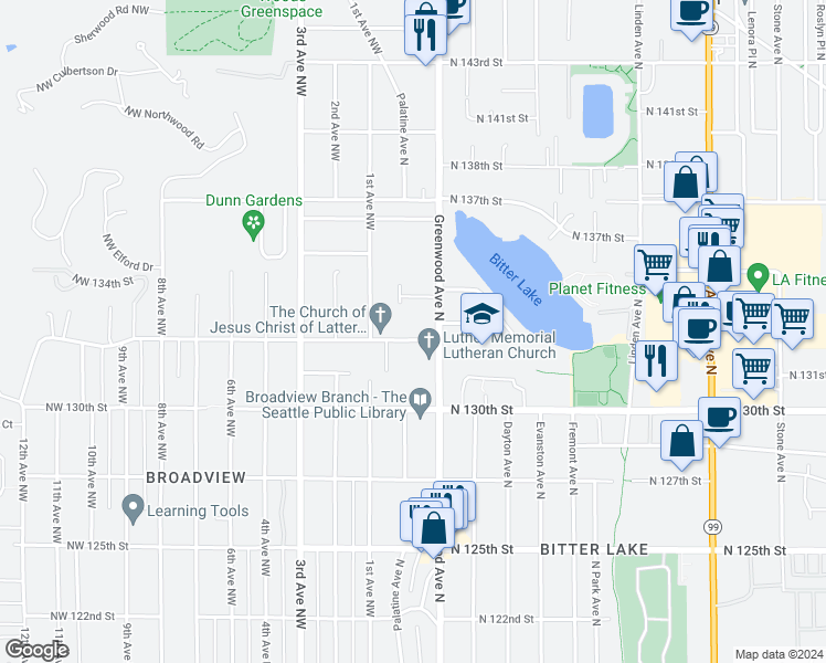 map of restaurants, bars, coffee shops, grocery stores, and more near in Seattle