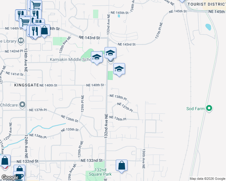 map of restaurants, bars, coffee shops, grocery stores, and more near 13227 Northeast 139th Place in Kirkland