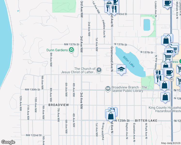 map of restaurants, bars, coffee shops, grocery stores, and more near 13204 2nd Avenue Northwest in Seattle