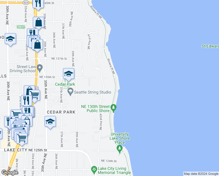 map of restaurants, bars, coffee shops, grocery stores, and more near 13224 42nd Avenue Northeast in Seattle