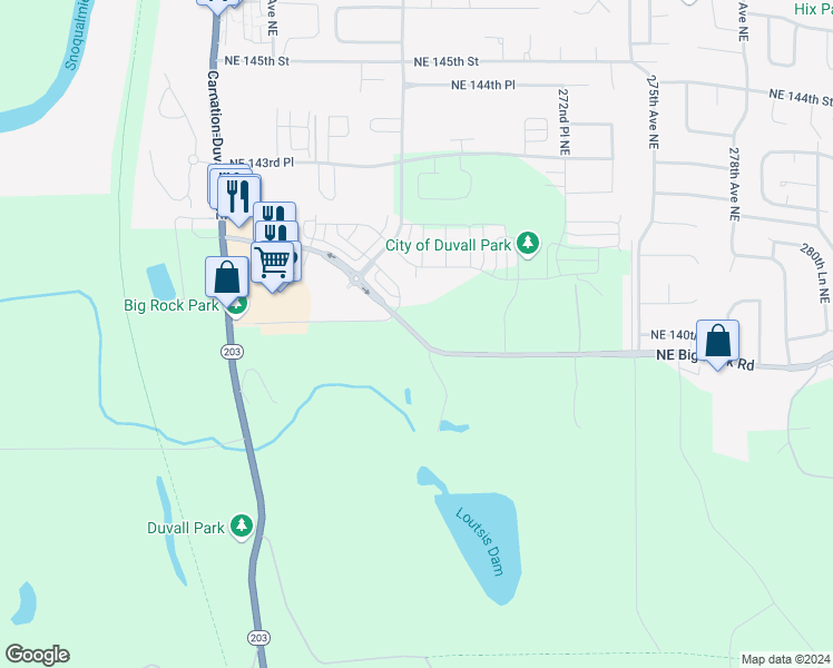 map of restaurants, bars, coffee shops, grocery stores, and more near 26801 Northeast Big Rock Road in Duvall