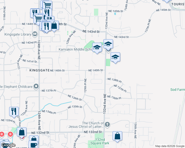 map of restaurants, bars, coffee shops, grocery stores, and more near 13936 130th Court Northeast in Kirkland
