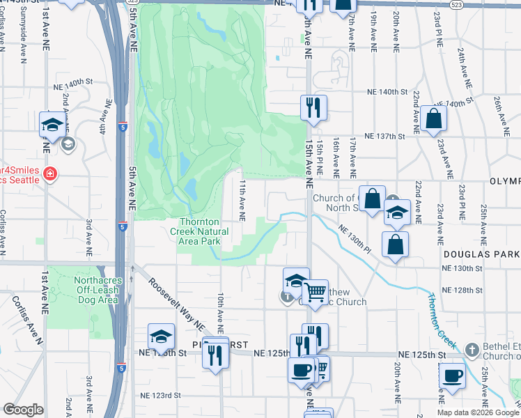 map of restaurants, bars, coffee shops, grocery stores, and more near 13321 12th Avenue Northeast in Seattle