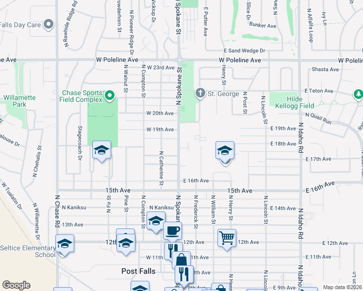 map of restaurants, bars, coffee shops, grocery stores, and more near 1804 North Spokane Street in Post Falls