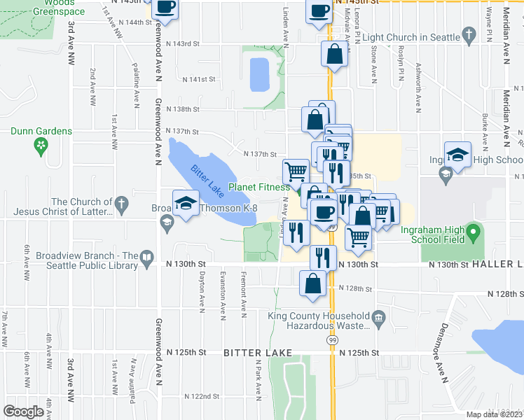 map of restaurants, bars, coffee shops, grocery stores, and more near 13229 Linden Avenue North in Seattle