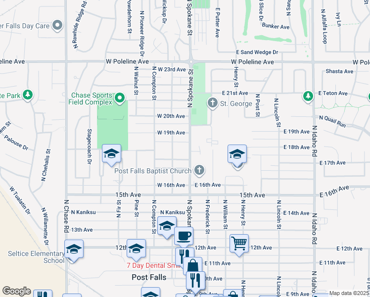 map of restaurants, bars, coffee shops, grocery stores, and more near 1803 North Spokane Street in Post Falls