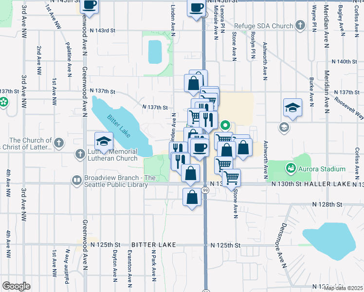 map of restaurants, bars, coffee shops, grocery stores, and more near 747 North 135th Street in Seattle