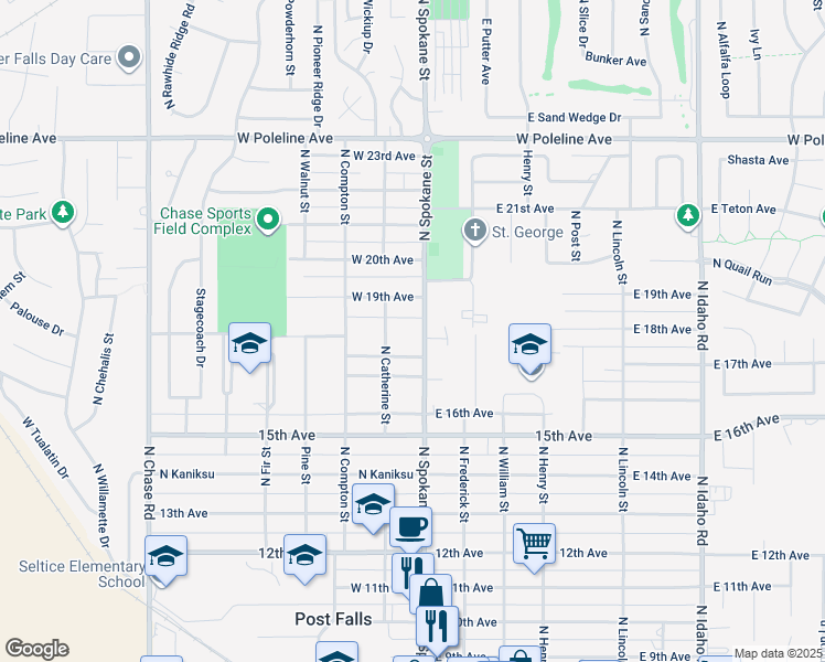 map of restaurants, bars, coffee shops, grocery stores, and more near 1803 North Spokane Street in Post Falls