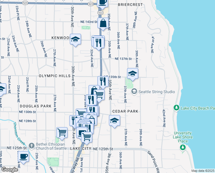 map of restaurants, bars, coffee shops, grocery stores, and more near 13332 Lake City Way Northeast in Seattle
