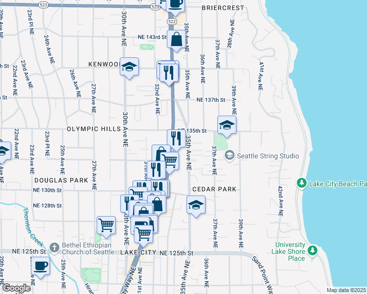 map of restaurants, bars, coffee shops, grocery stores, and more near 13227 35th Avenue Northeast in Seattle