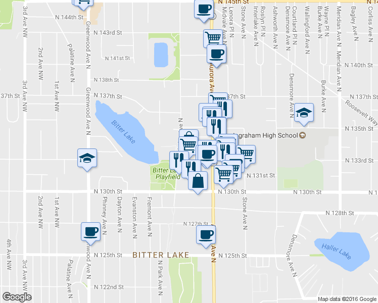 map of restaurants, bars, coffee shops, grocery stores, and more near 13374 Linden Ave N in Shoreline