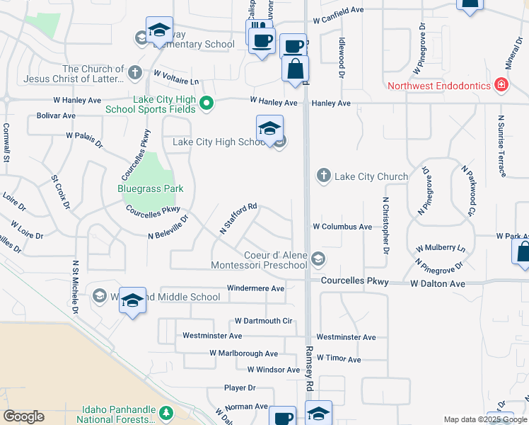 map of restaurants, bars, coffee shops, grocery stores, and more near 5940 North Stafford Road in Coeur d'Alene