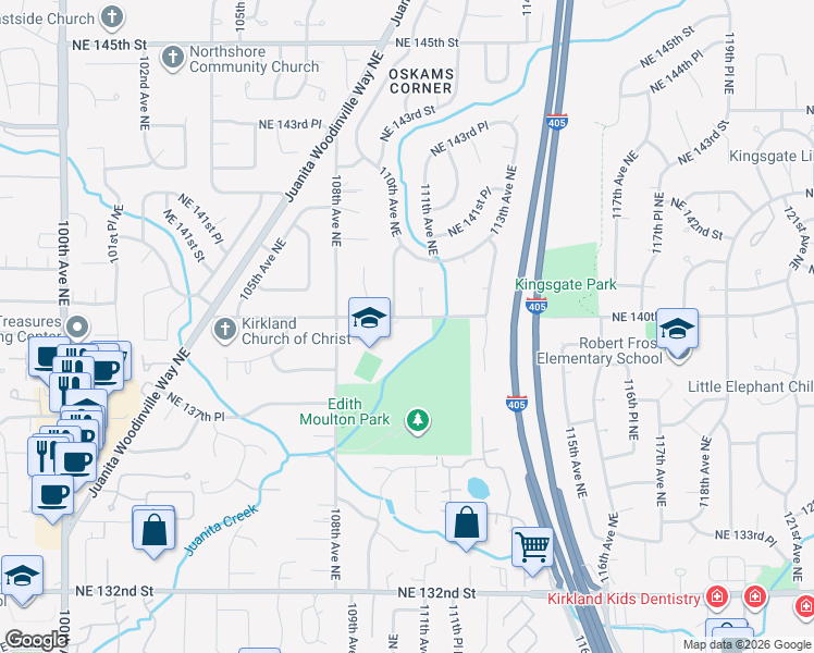 map of restaurants, bars, coffee shops, grocery stores, and more near 11003 Northeast 140th Street in Kirkland