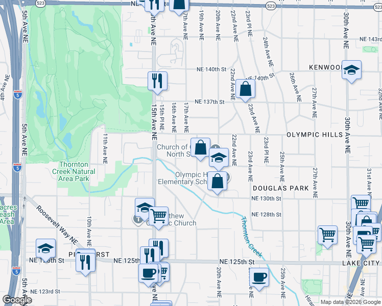 map of restaurants, bars, coffee shops, grocery stores, and more near 13325 19th Avenue Northeast in Seattle