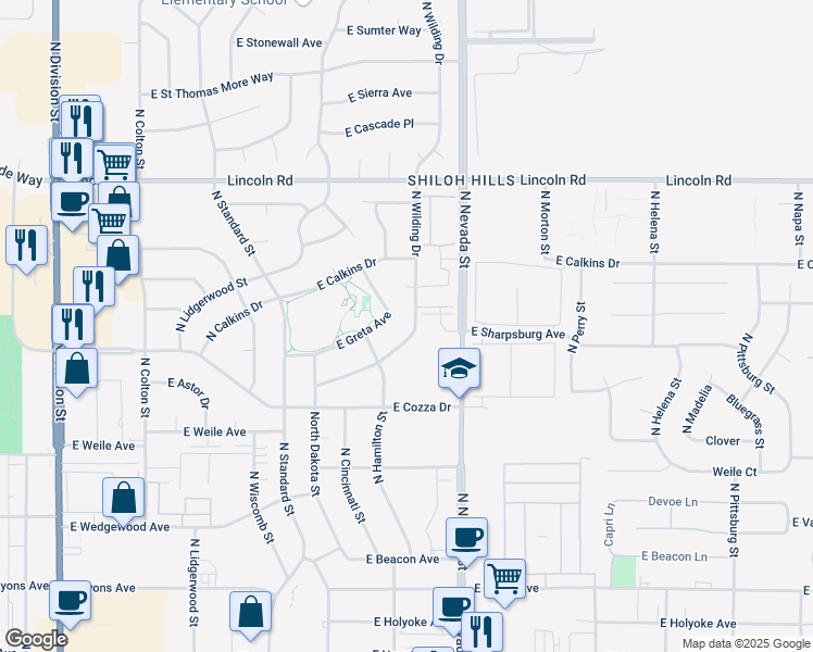 map of restaurants, bars, coffee shops, grocery stores, and more near 7421 North Wilding Drive in Spokane