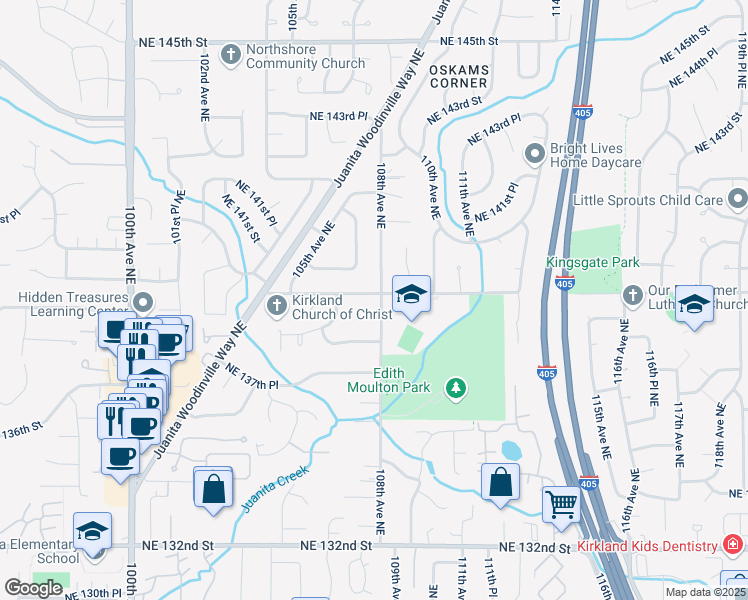 map of restaurants, bars, coffee shops, grocery stores, and more near 10643 Northeast 140th Street in Kirkland