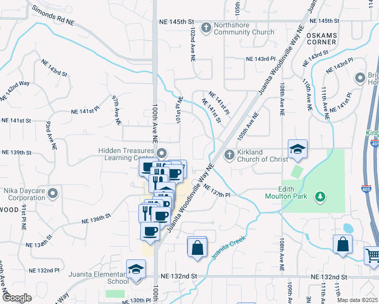 map of restaurants, bars, coffee shops, grocery stores, and more near 13913 102nd Avenue Northeast in Kirkland