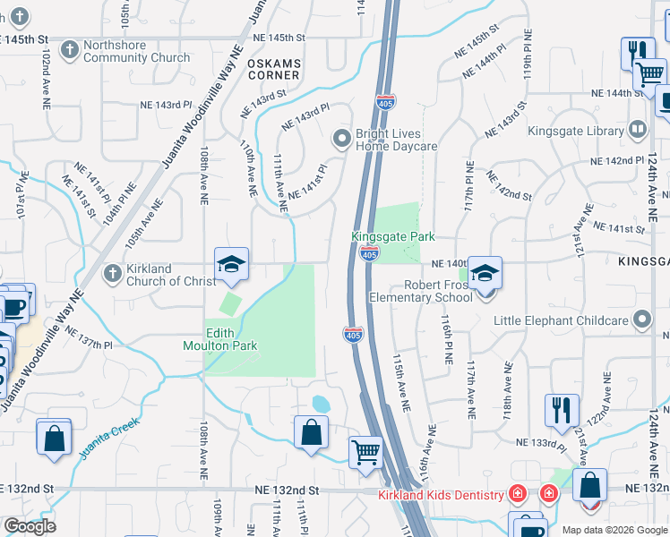 map of restaurants, bars, coffee shops, grocery stores, and more near 11211 Northeast 140th Street in Kirkland