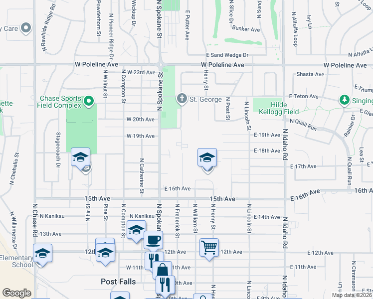 map of restaurants, bars, coffee shops, grocery stores, and more near 1810 North Bill Street in Post Falls