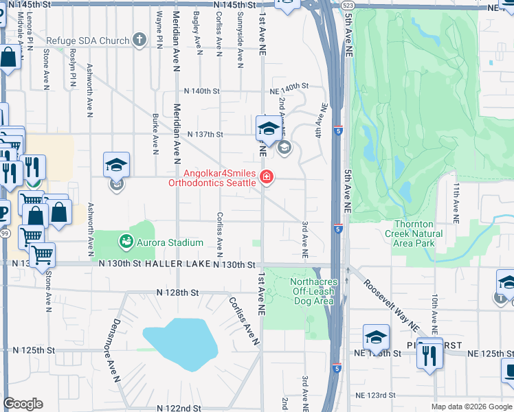 map of restaurants, bars, coffee shops, grocery stores, and more near 13319 1st Avenue Northeast in Seattle