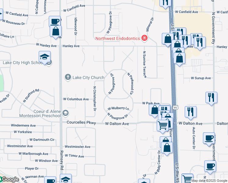 map of restaurants, bars, coffee shops, grocery stores, and more near 5928 North Pinegrove Drive in Coeur d'Alene