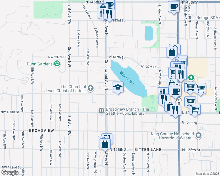 map of restaurants, bars, coffee shops, grocery stores, and more near 301 North 133rd Street in Seattle
